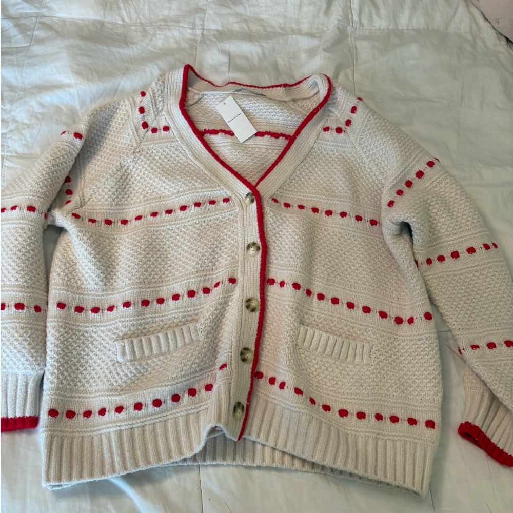Abercrombie & Fitch Cream Cardigan with Red Trim